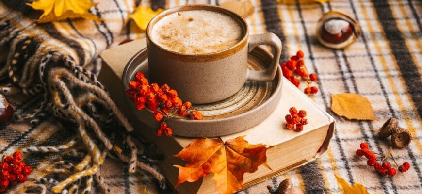 Atmospheric,Cozy,Autumn,Composition.,Hot,Mug,Of,Coffee,,Book,,Fall
